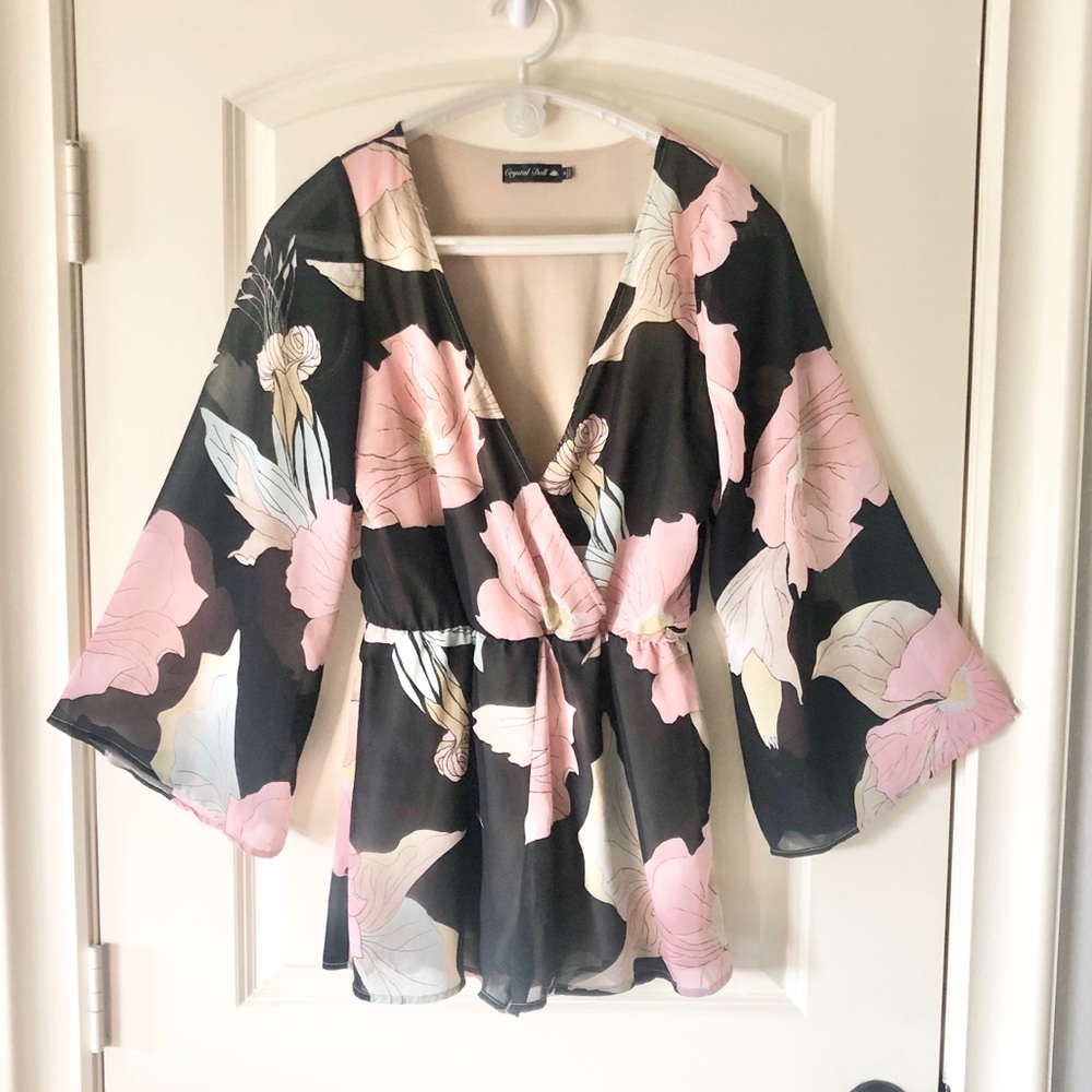 Crystal Doll Black Floral Romper Pink Bell Sleeve Boho Medium